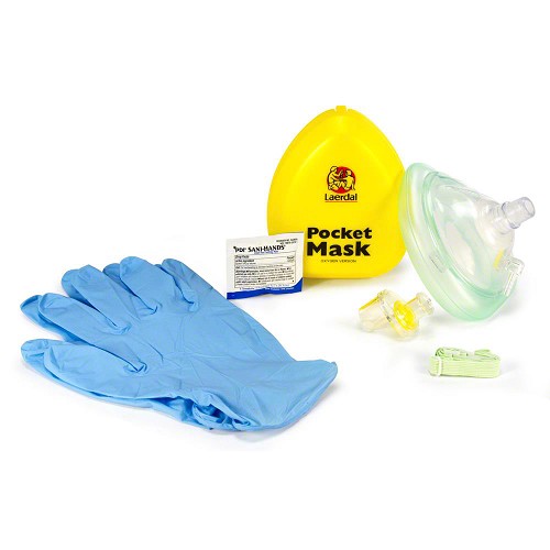 Laerdal Pocket Mask Oxygen Inlet Head Strap Gloves Wipe In Hard Case